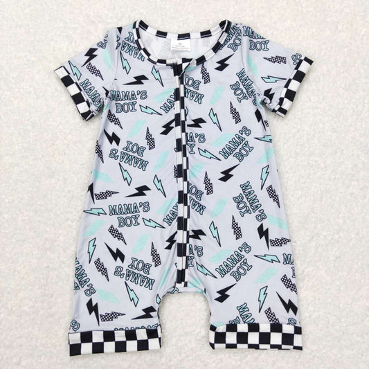 SR0563 mama's boy lightning black and white checkered gray short sleeve zipper jumpsuit