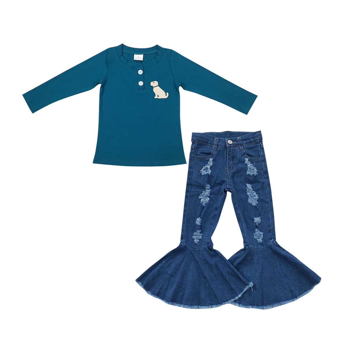 GT0354 Embroidered puppy dark green long-sleeved top+P0133 Blue ripped denim flared trousers