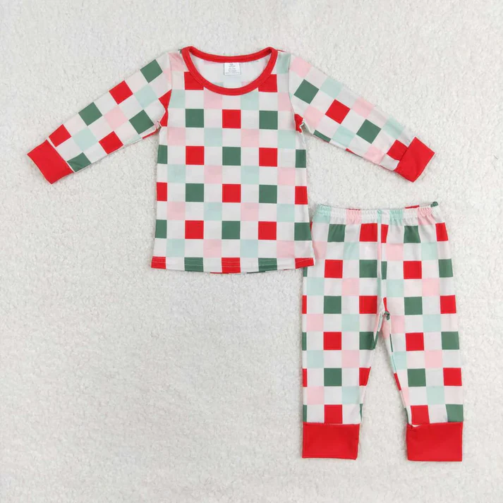 RTS Mommy And Me Red Green Pink Plaid Print Christmas Family Matching Pajamas Clothes