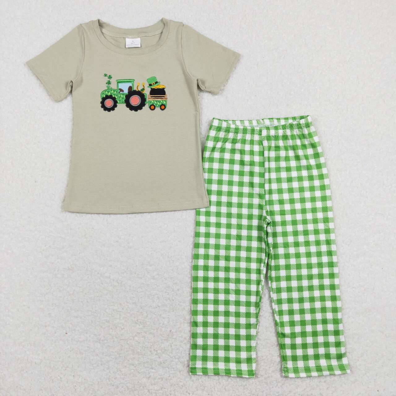 BSPO0276 Embroidery tractor gray green green and white plaid short-sleeved trousers suit
