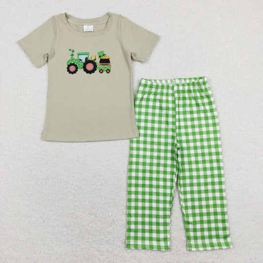 BSPO0276 Embroidery tractor gray green green and white plaid short-sleeved trousers suit