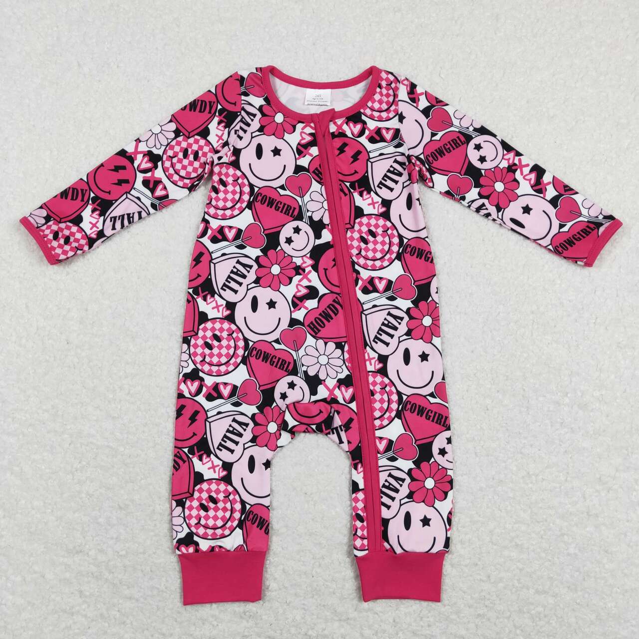 LR0896 xoxo cowgirl smiley face love cow pattern rose red zipper long-sleeved jumpsuit