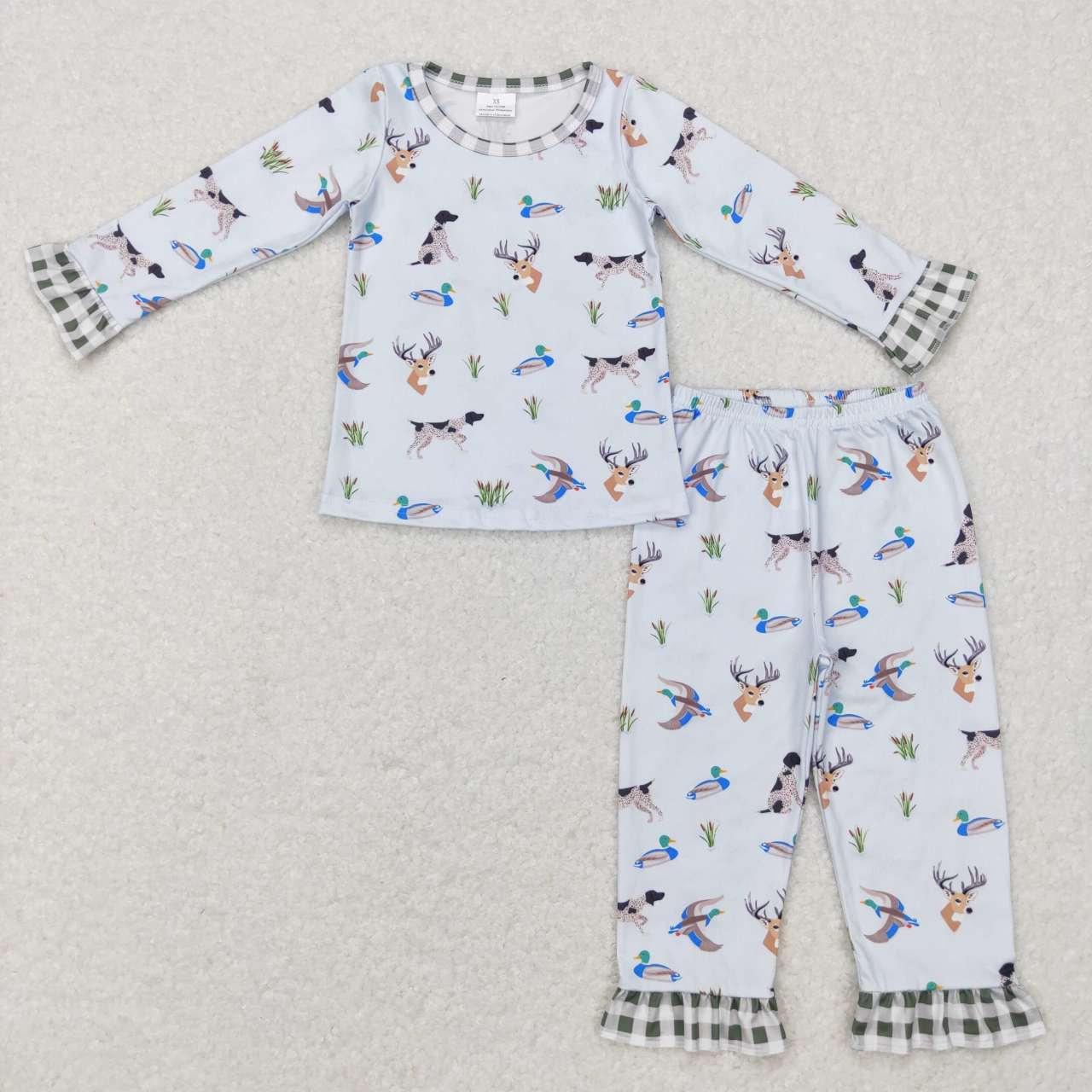 GLP0974 Duck Dog Elk Plaid Lace Light Blue Long Sleeve Pants Suit