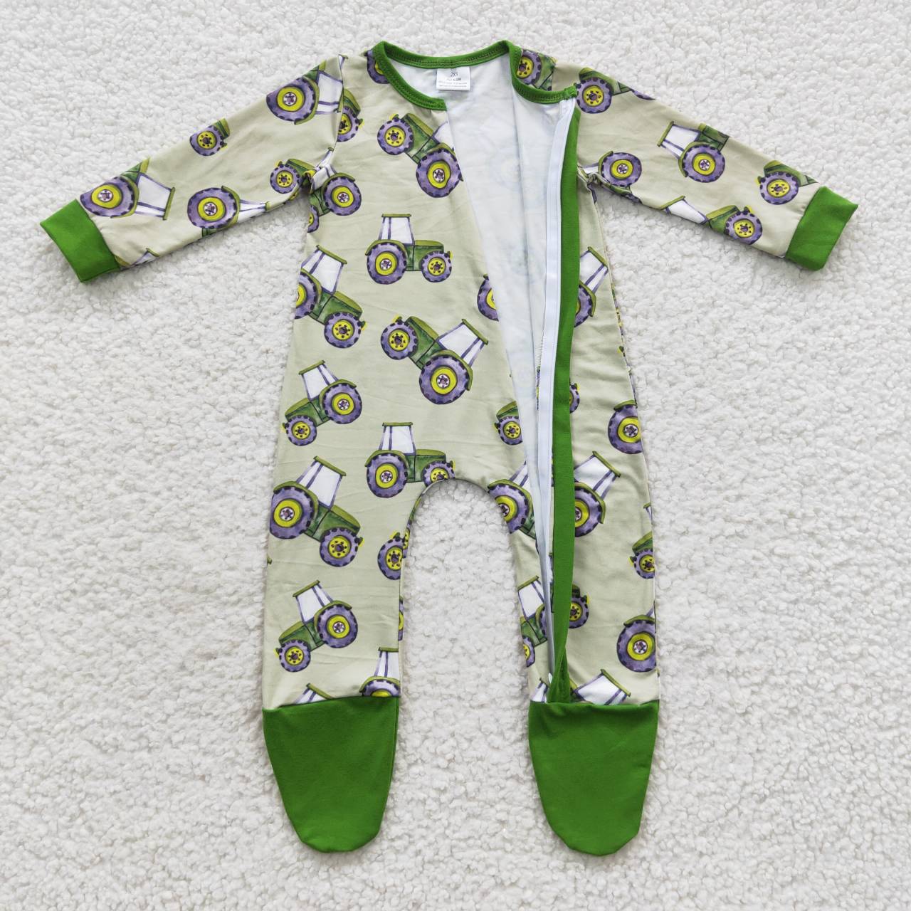 LR0386 Farm Tractor Green Zip Long Sleeve Bodysuit