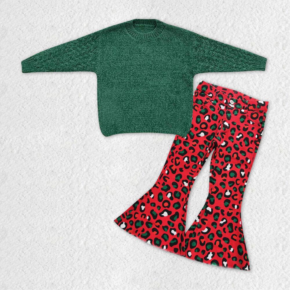 P0229 Red and green leopard print denim trousers+GT0217 Dark green sweater