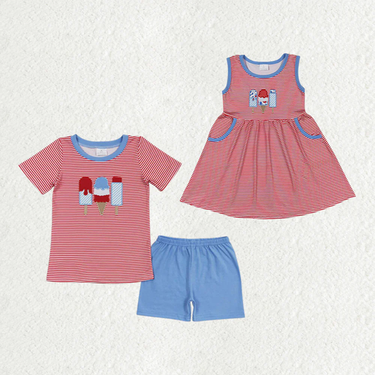 RTS Baby Baby Girls Boys Sibling Popstick 4th Of July Dresses Sets  embroidery