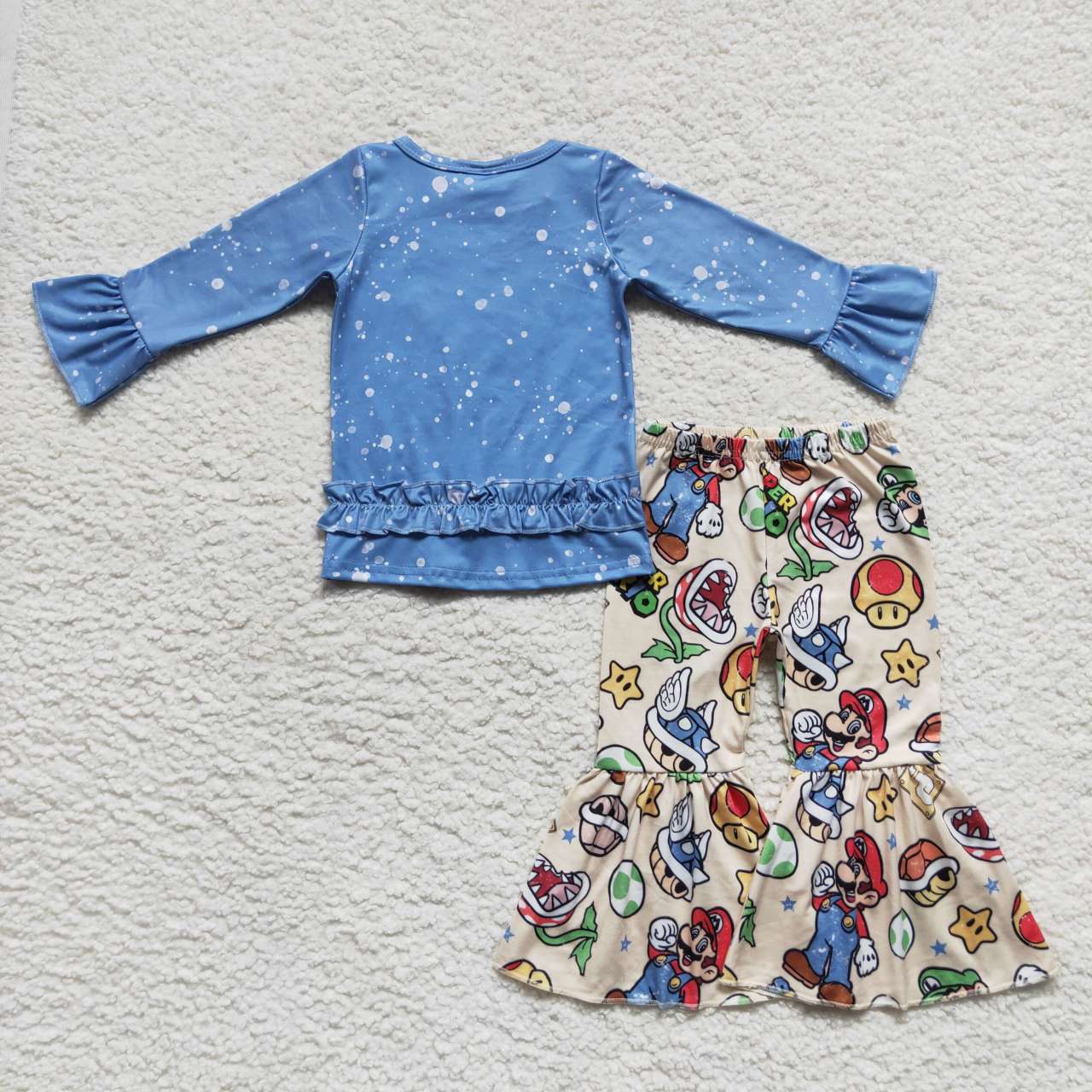 RTS NO MOQ（In Stock) Cartoon Mario Blue Lace Beige Long Sleeve Pants Suit