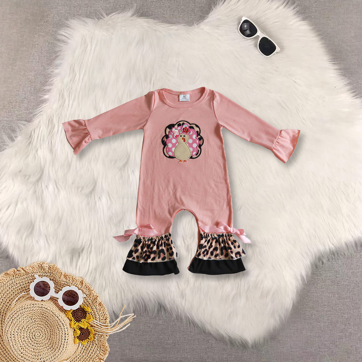 RTS Sibling baby girls clothes Embroidery thanksgiving turkey long Sleeve pants sets and rompers