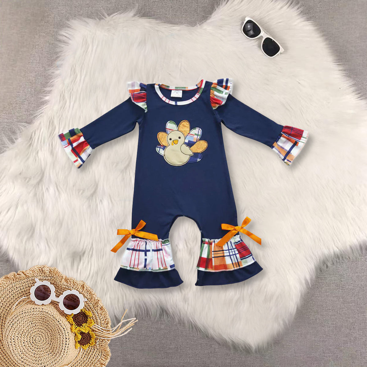 RTS NO MOQ Sibling Baby girls clothes Embroidery thanksgiving turkey long-sleeved trousers suit & rompers