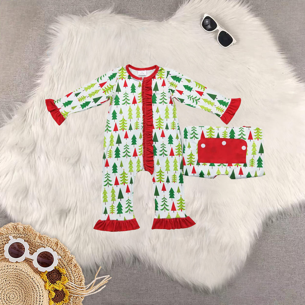 RTS NO MOQ Sibling Baby Girls Christmas Trees White Pajamas Clothes Sets rompers