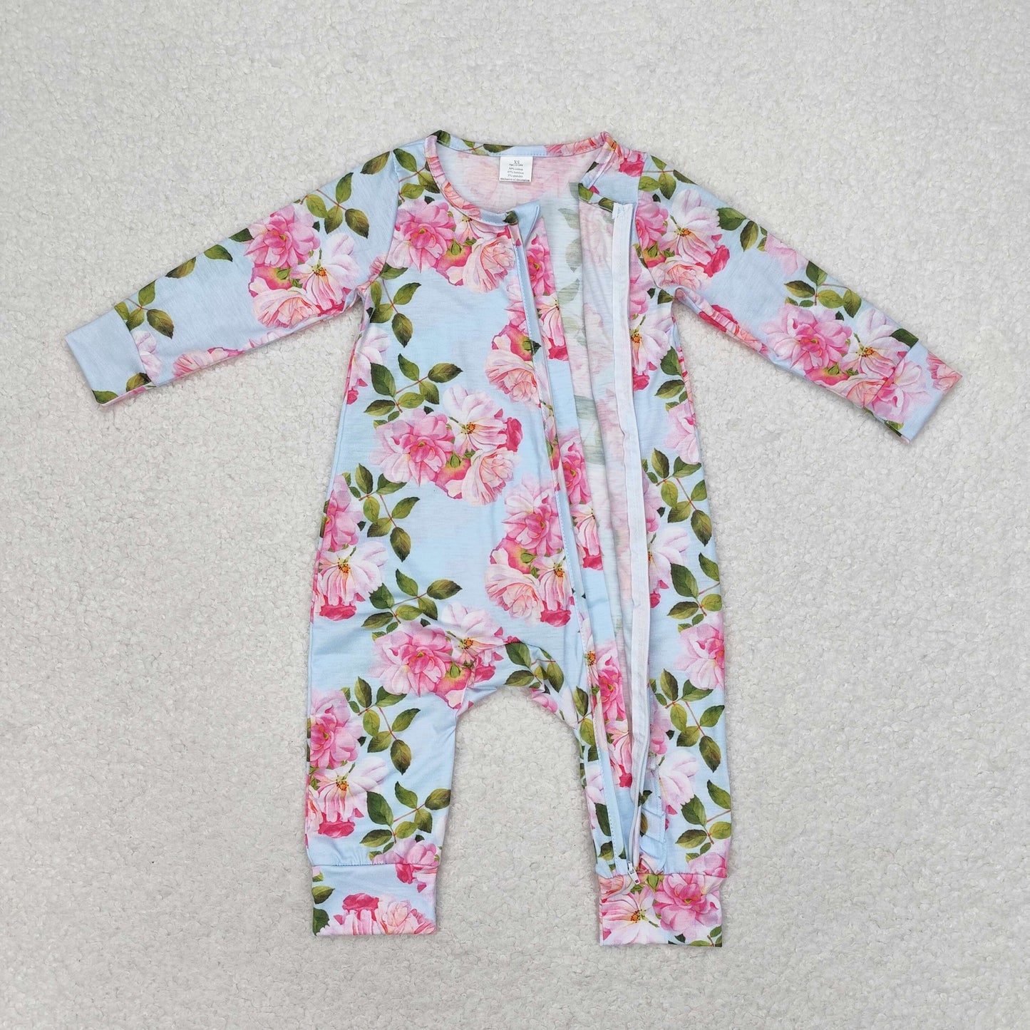 bamboo rts no moq LR0880 Modal Pink Flower Blue Lace Zipper Long Sleeve Bodysuit