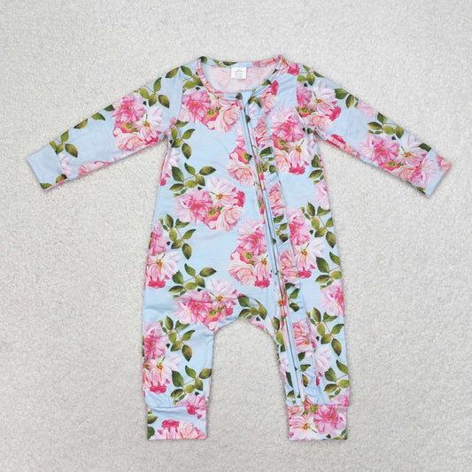 bamboo rts no moq LR0880 Modal Pink Flower Blue Lace Zipper Long Sleeve Bodysuit