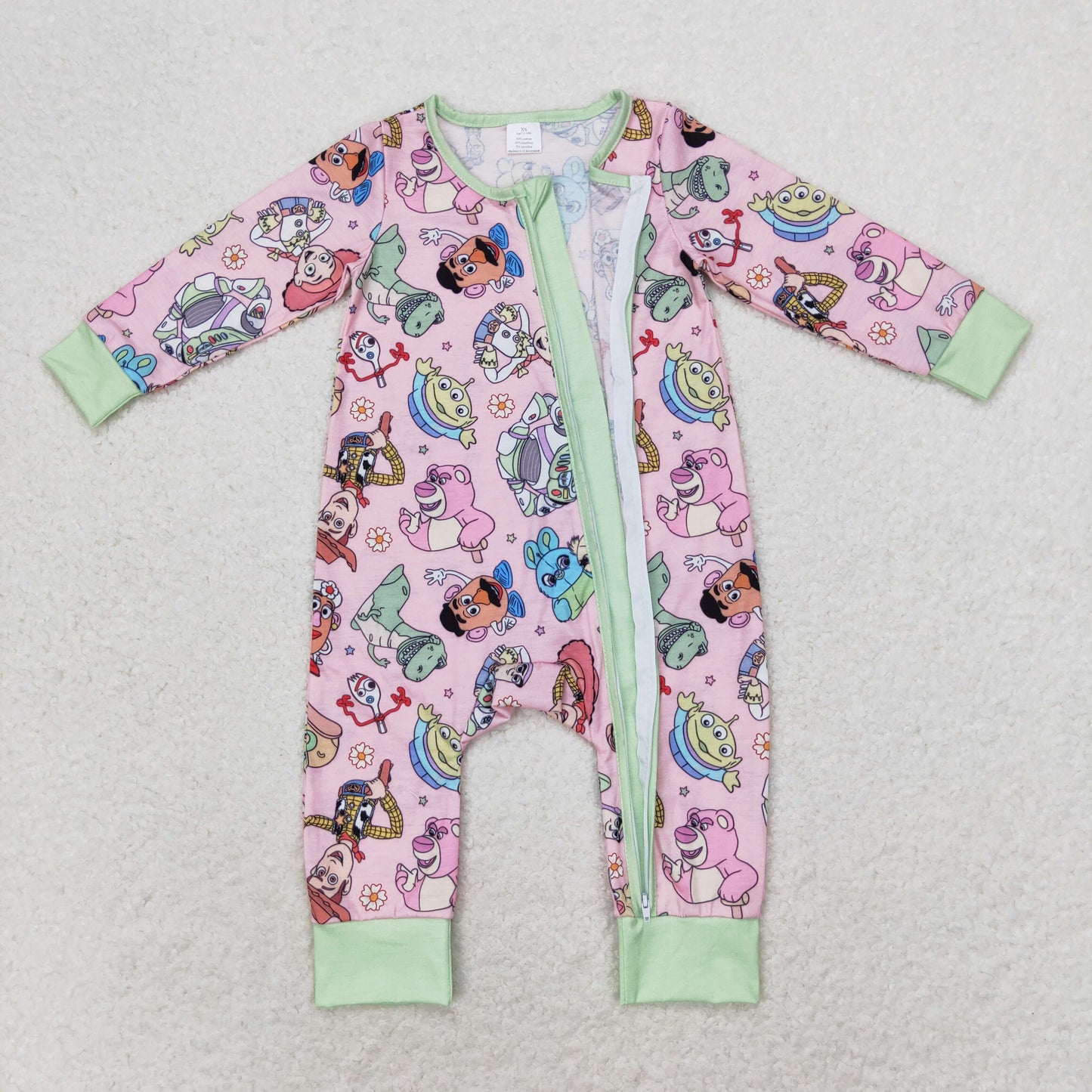 bamboo rts no moq LR0970 Modal cartoon Toy Story pink green zipper long-sleeved jumpsuit