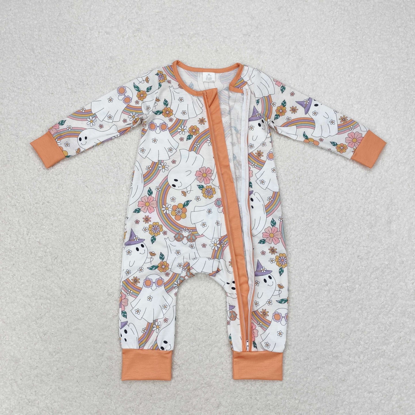 bamboo rts no moq LR0980 Modal rainbow ghost flower orange zipper long-sleeved jumpsuit