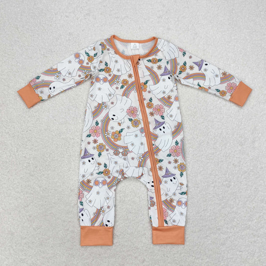 bamboo rts no moq LR0980 Modal rainbow ghost flower orange zipper long-sleeved jumpsuit