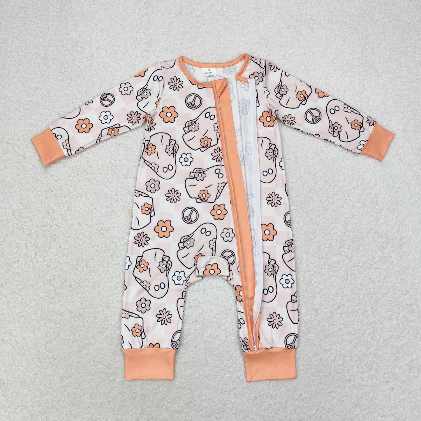 rts no moq LR0981 ghost flower plaid orange zipper long sleeve jumpsuit