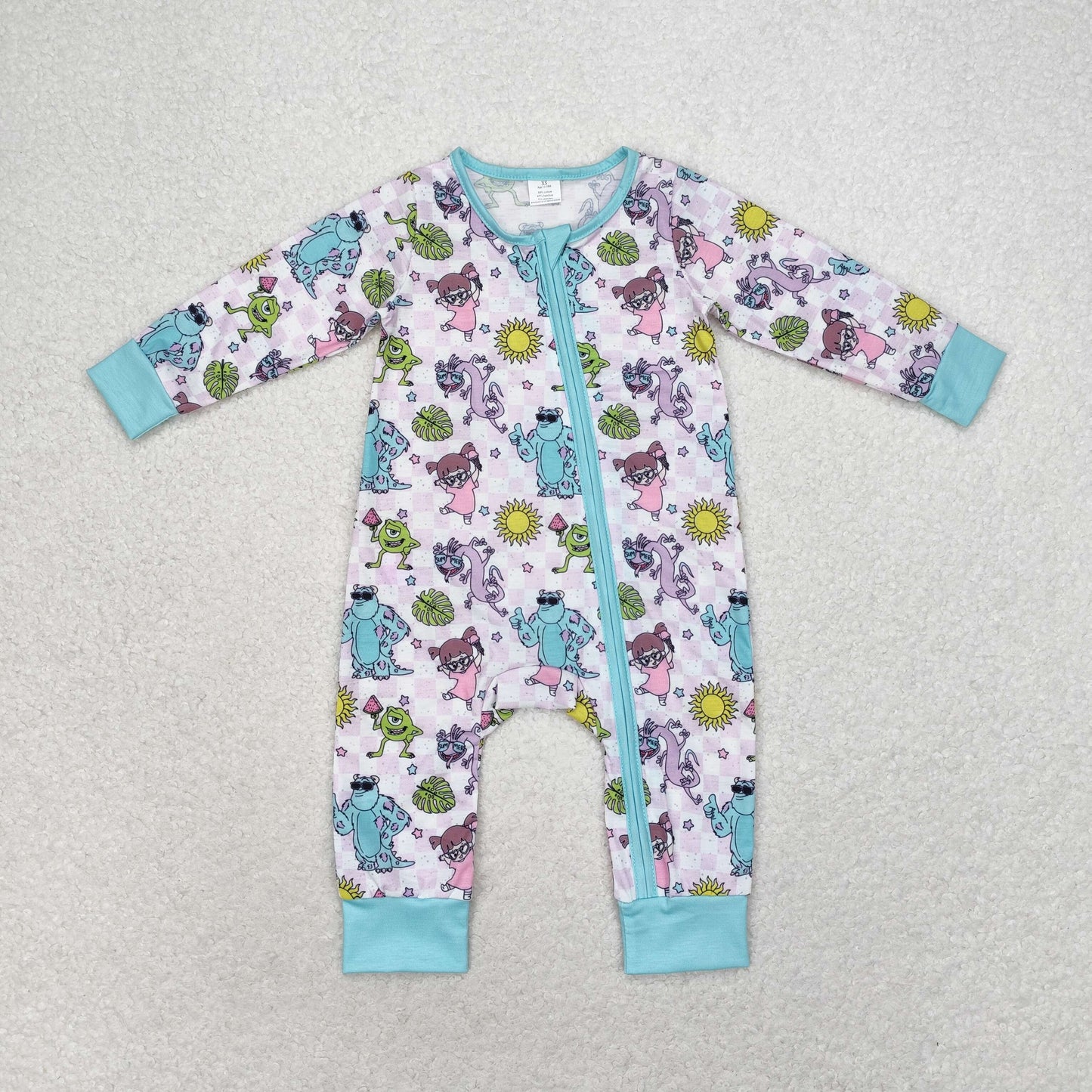 bamboo rts no moq LR0988 Modal Monsters University Purple Plaid Zipper Long Sleeve Bodysuit