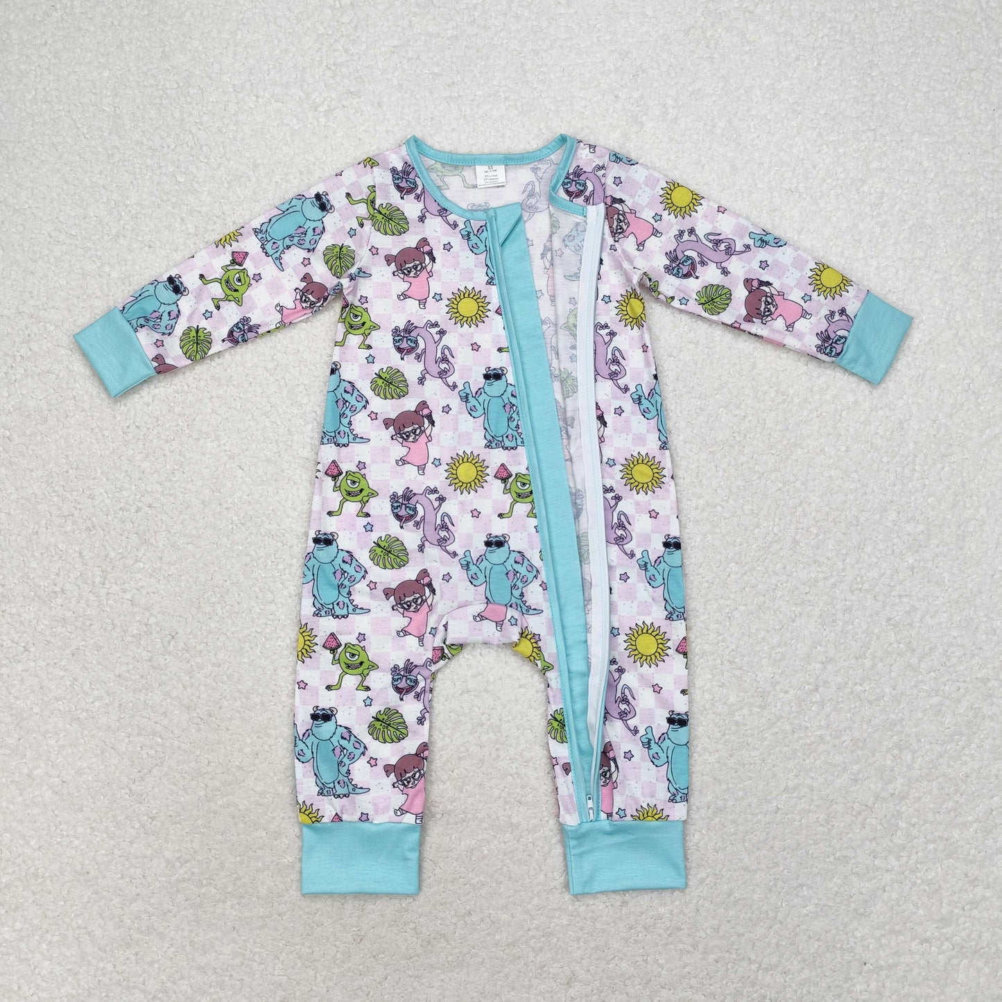 bamboo rts no moq LR0988 Modal Monsters University Purple Plaid Zipper Long Sleeve Bodysuit