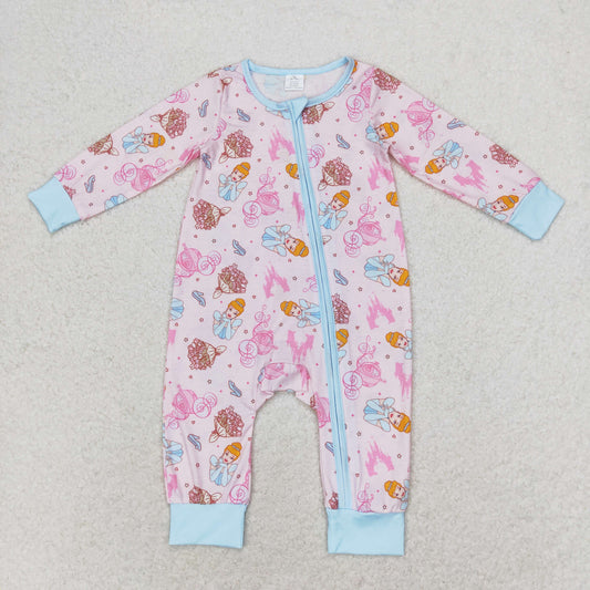 bamboo rts no moq LR0990 Modal Disney princess castle powder blue zipper long-sleeved bodysuit