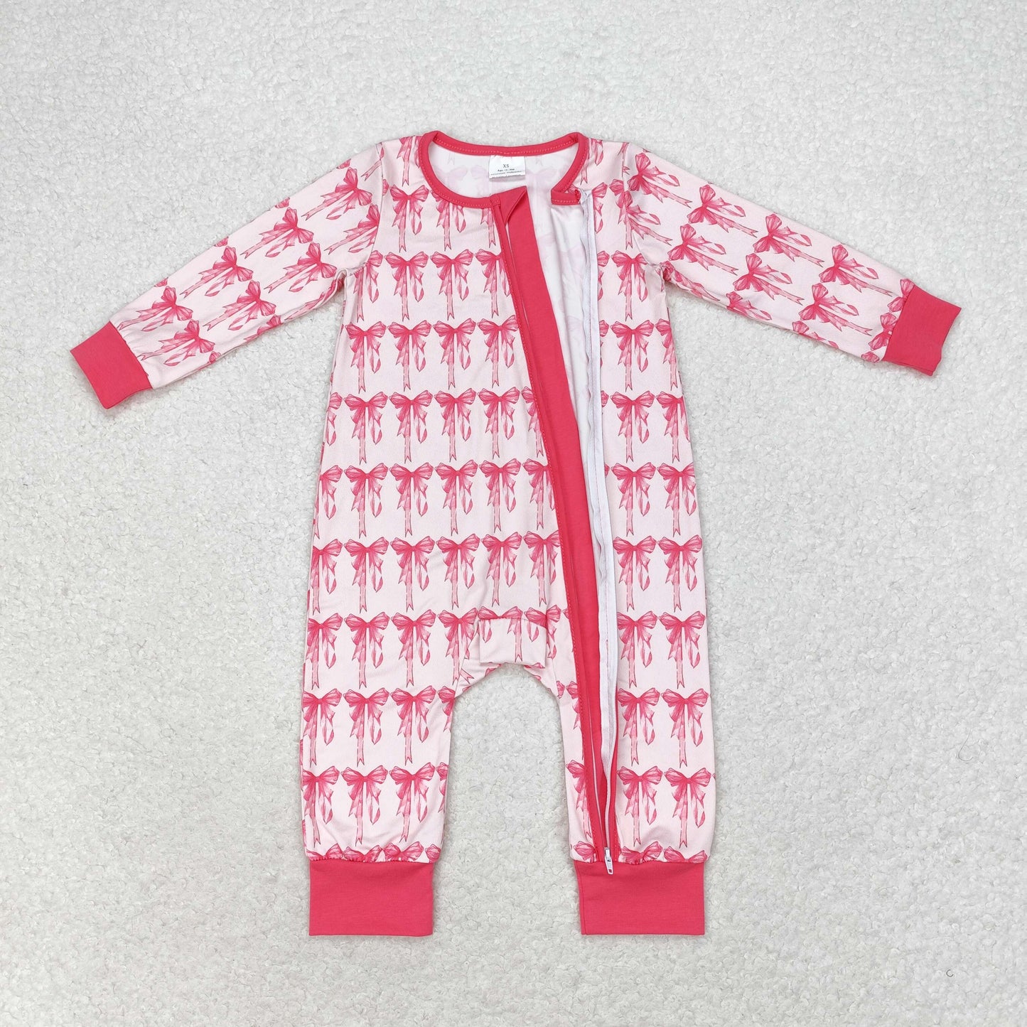 rts no moq LR1035 Pink and white zippered long-sleeved bodysuit with bow pattern