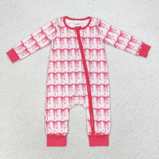 rts no moq LR1035 Pink and white zippered long-sleeved bodysuit with bow pattern