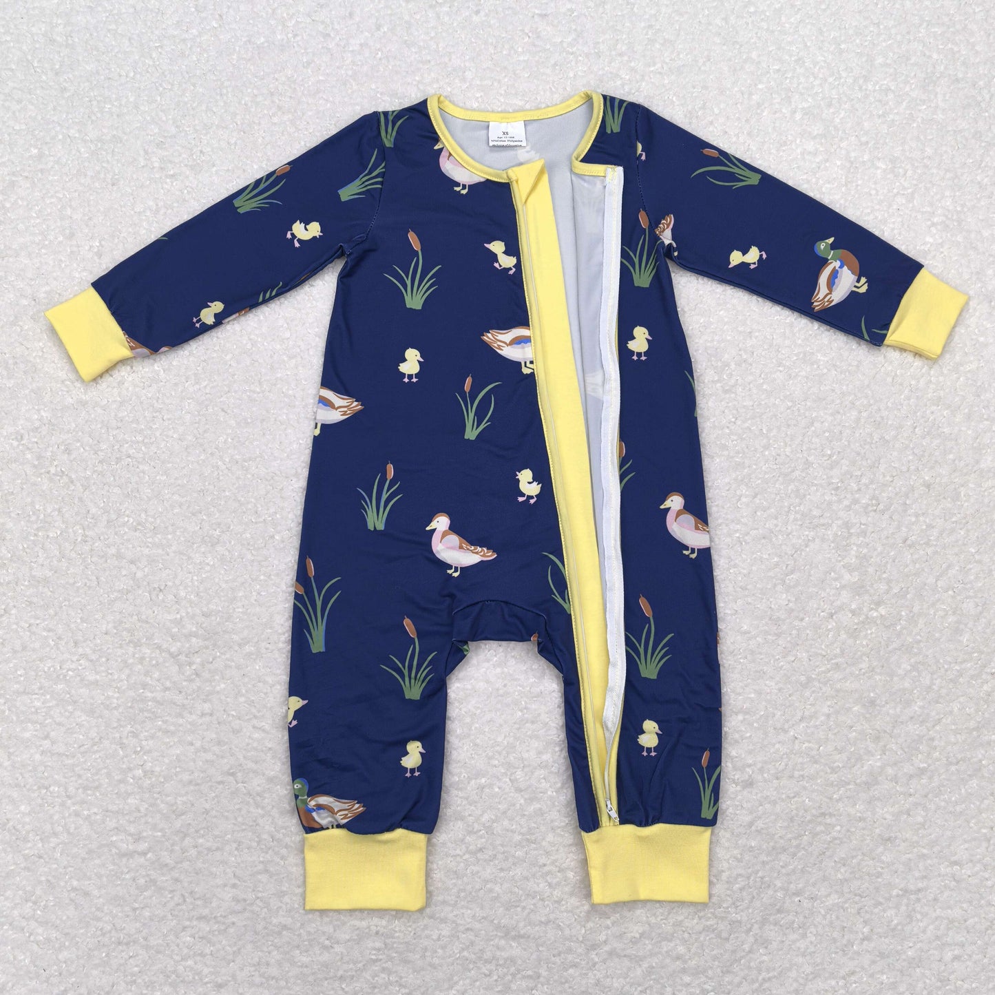 rts no moq LR1037 Duck yellow edge navy blue zipper long sleeve jumpsuit