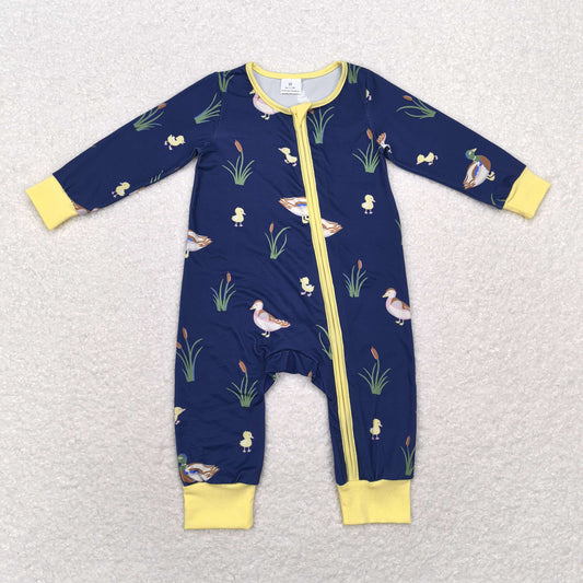 rts no moq LR1037 Duck yellow edge navy blue zipper long sleeve jumpsuit