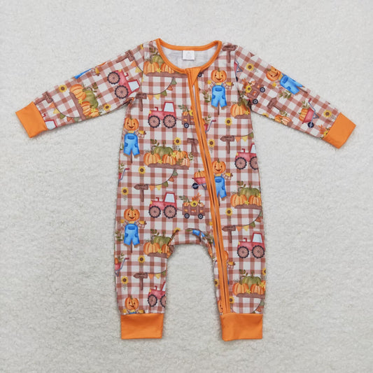 bamboo rts no moq LR1046 Modal pumpkin scarecrow plaid zipper long sleeve onesie