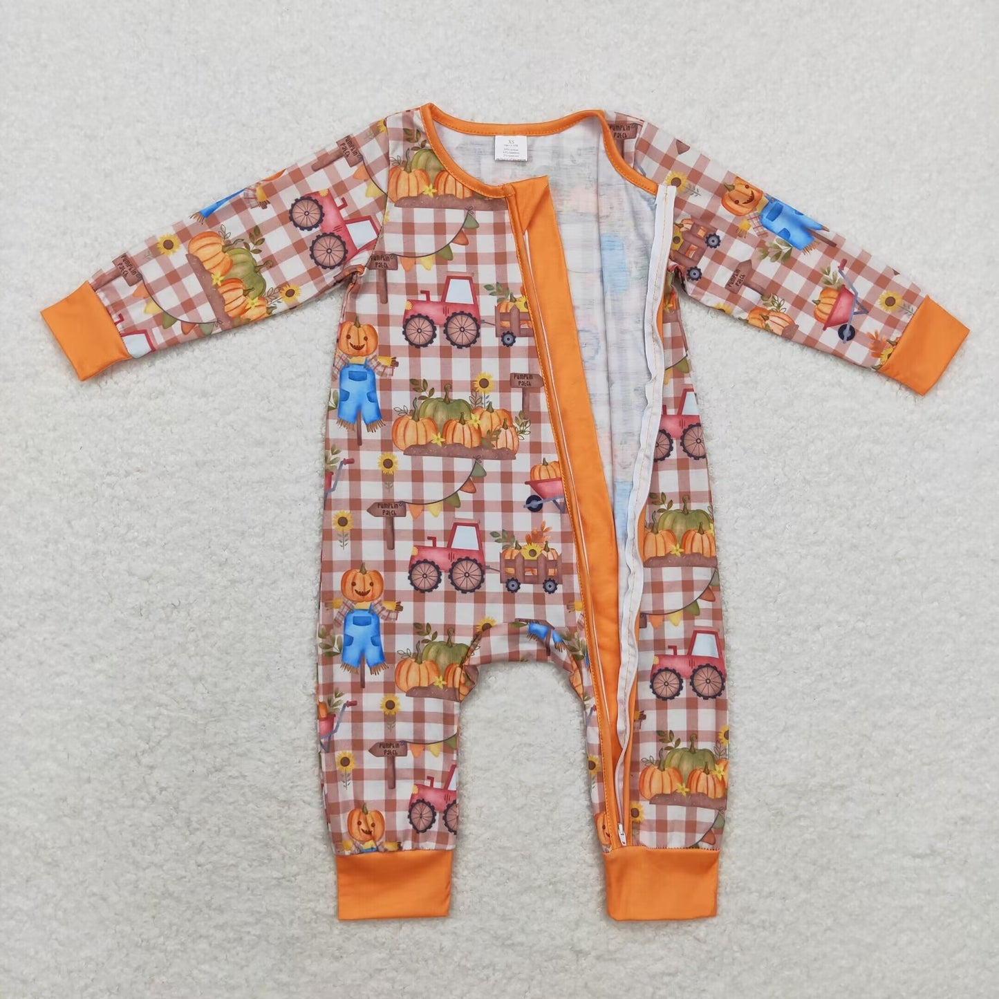 bamboo rts no moq LR1046 Modal pumpkin scarecrow plaid zipper long sleeve onesie