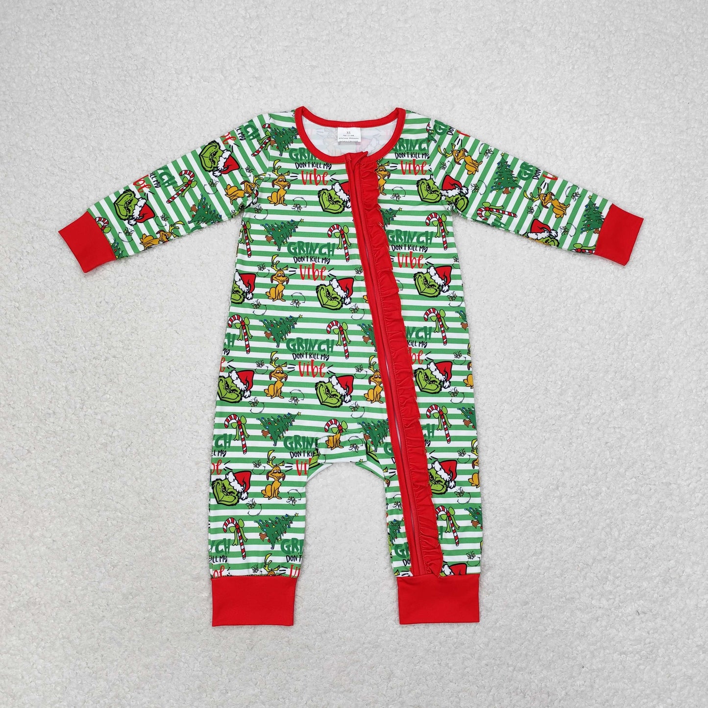 bamboo rts no moq LR1054 Grinch puppy Christmas tree green stripes red lace zipper long-sleeved jumpsuit