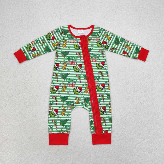 bamboo rts no moq LR1054 Grinch puppy Christmas tree green stripes red lace zipper long-sleeved jumpsuit