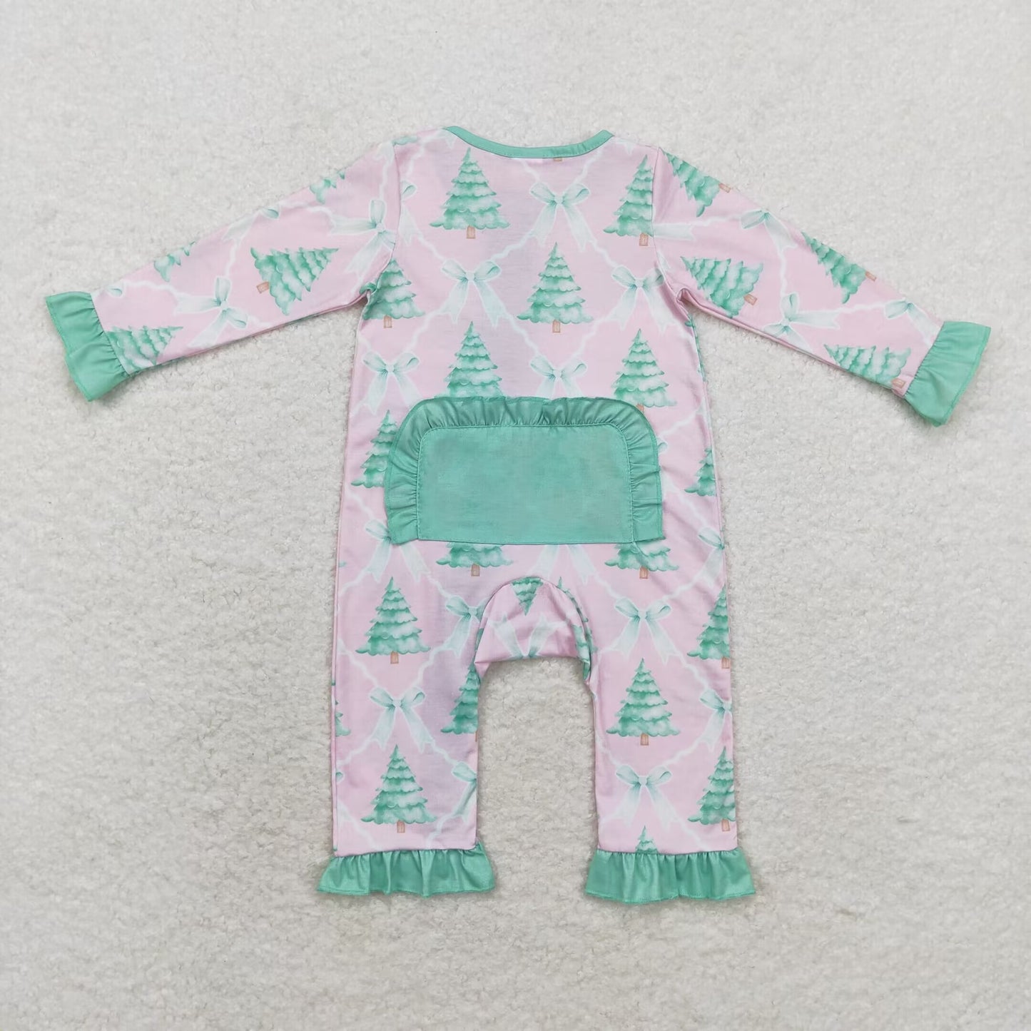 bamboo rts no moq LR1073 Modal Christmas tree bow green lace pink zipper long sleeve onesie