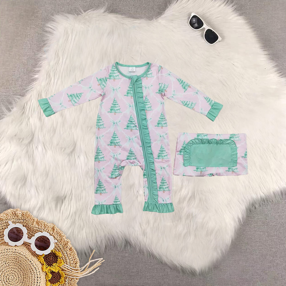 RTS NO MOQ Sibling Baby girls modal Christmas trees bow long-sleeved trousers suit & romper