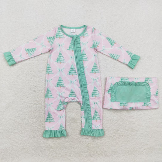 bamboo rts no moq LR1073 Modal Christmas tree bow green lace pink zipper long sleeve onesie