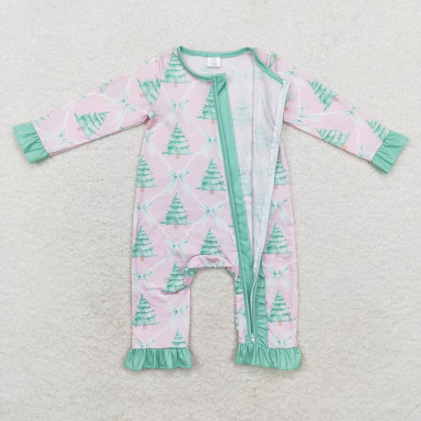 bamboo rts no moq LR1073 Modal Christmas tree bow green lace pink zipper long sleeve onesie