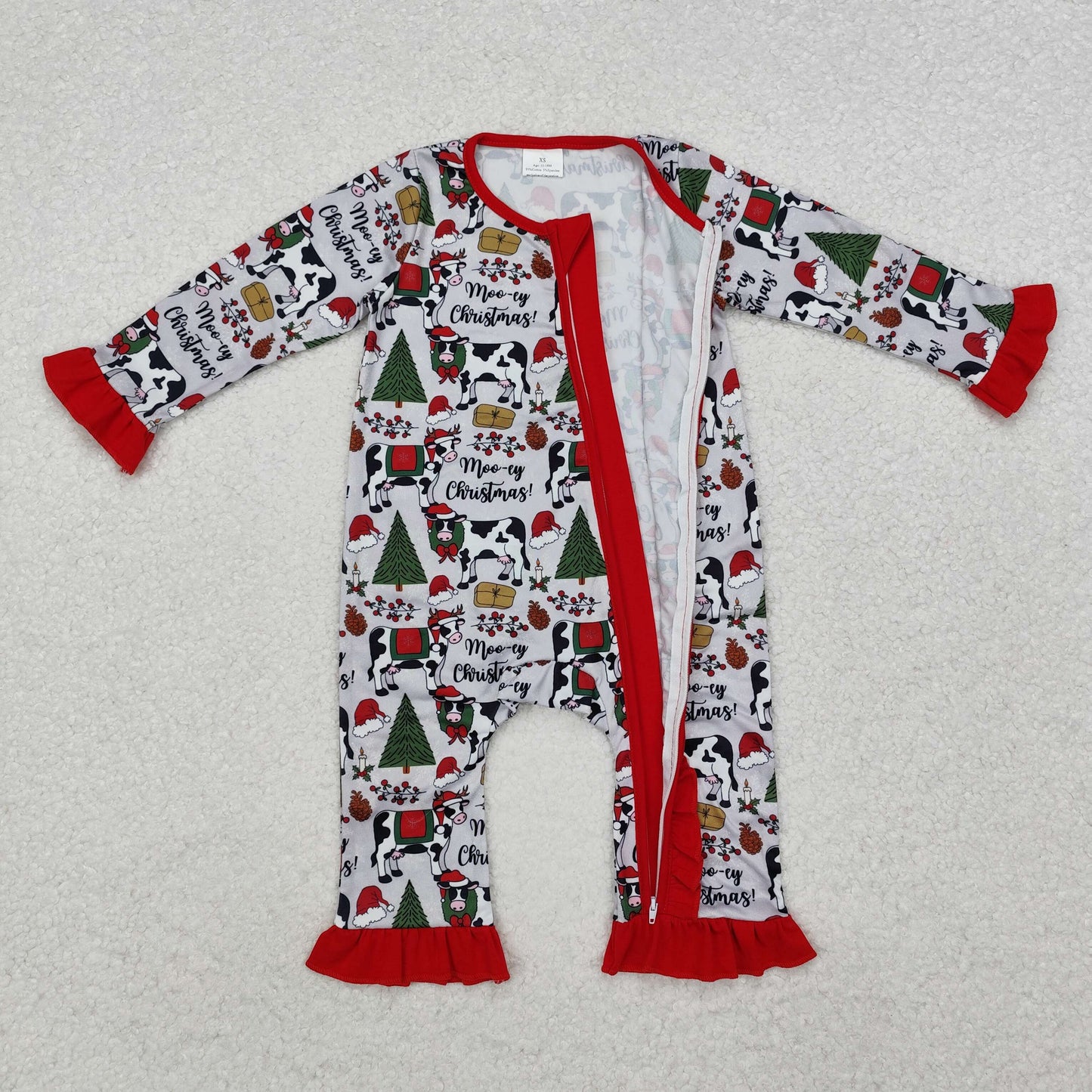 RTS NO MOQ ETA 5/7days arrived LR1074 Christmas tree cow gray red lace zipper long sleeve jumpsuit