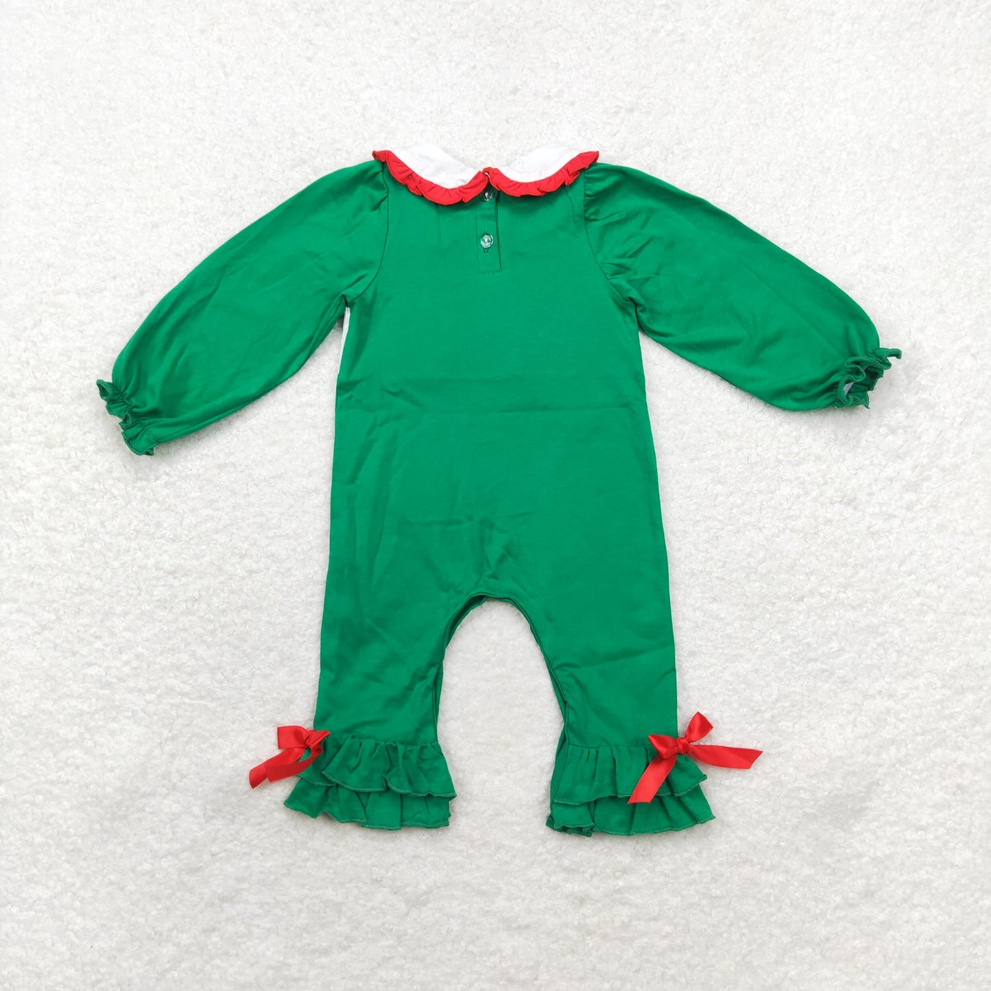 rts no moq LR1119 Embroidered Christmas tree doll collar green long-sleeved jumpsuit