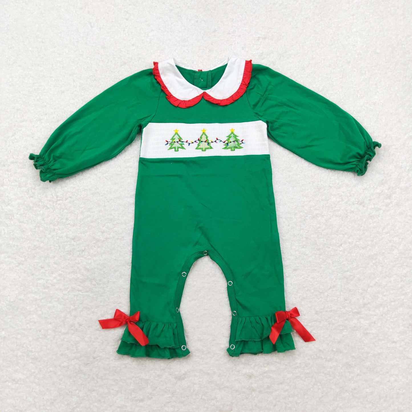 rts no moq LR1119 Embroidered Christmas tree doll collar green long-sleeved jumpsuit