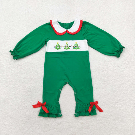 rts no moq LR1119 Embroidered Christmas tree doll collar green long-sleeved jumpsuit