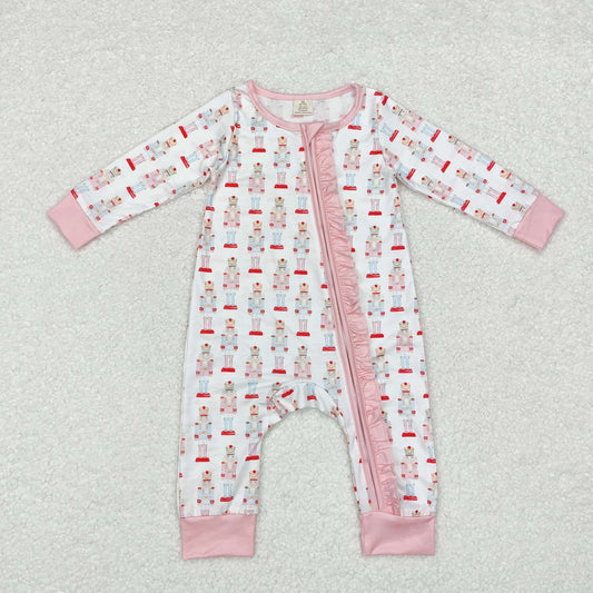 bamboo rts no moq LR1185 Modal Christmas cartoon nutcracker pink and white zipper long-sleeved jumpsuit