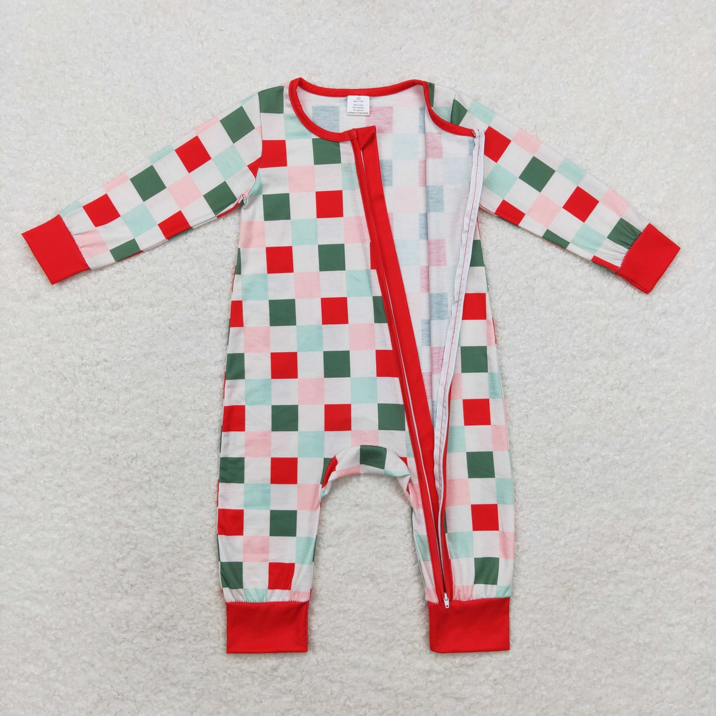 bamboo rts no moq LR1197 Modal Christmas colorful plaid zipper long sleeve onesie