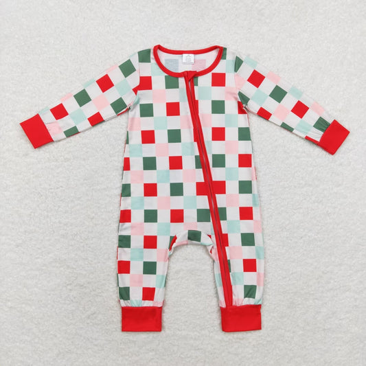 bamboo rts no moq LR1197 Modal Christmas colorful plaid zipper long sleeve onesie