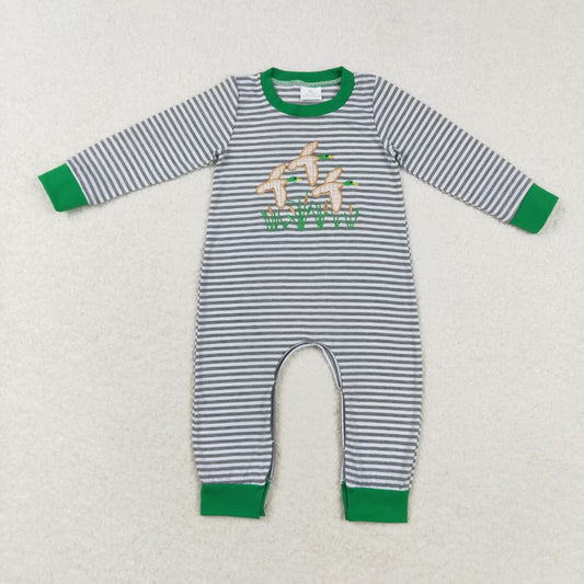 rts no moq LR1217 Embroidered duck stripe green trim long sleeve onesie