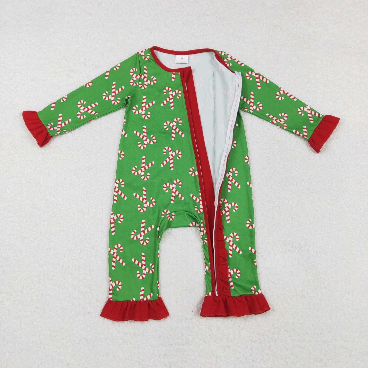 RTS NO MOQ ETA 5/7days arrived LR1236 Santa Claus cane red lace green zipper long-sleeved jumpsuit