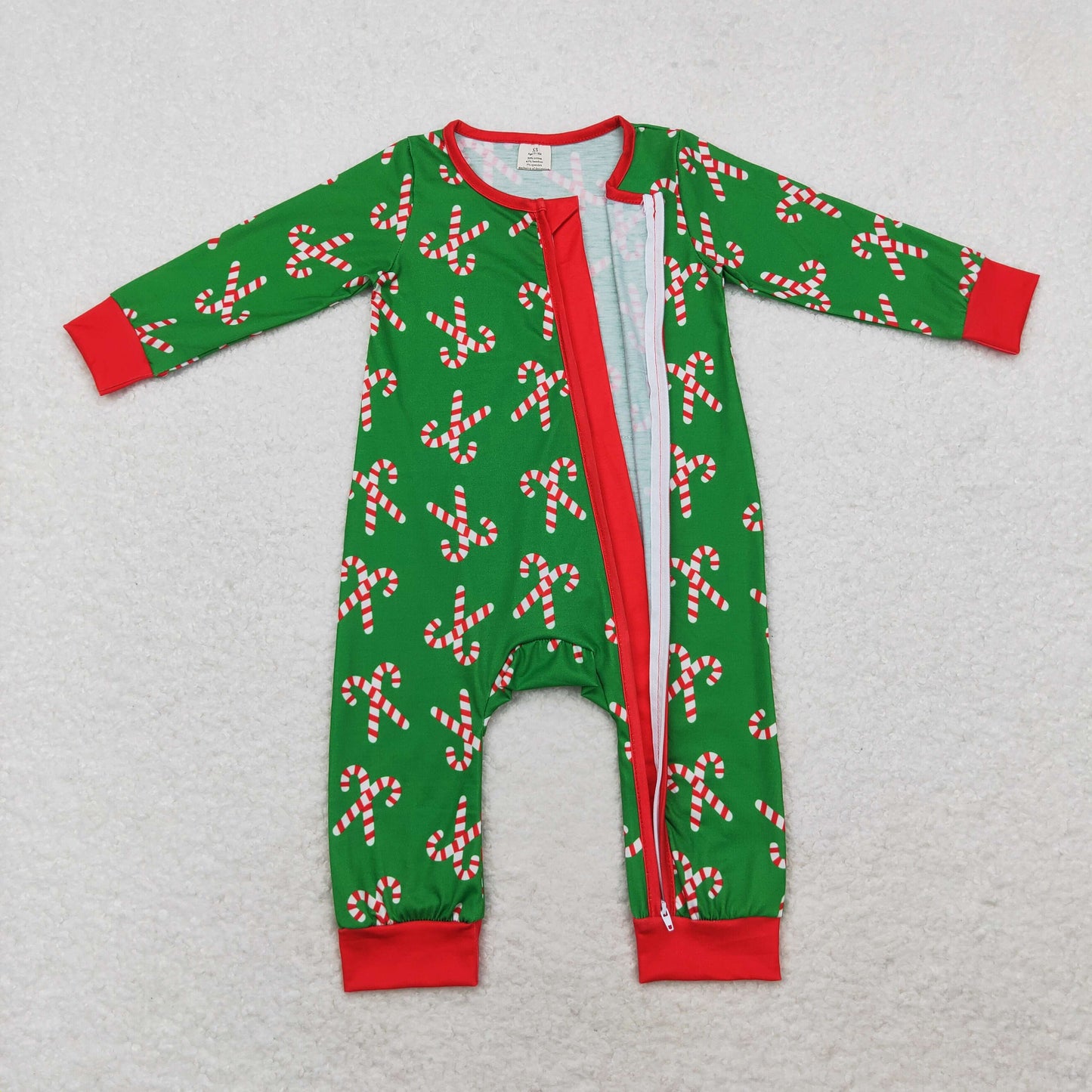 bamboo rts no moq LR1237 Modal Santa Claus Cane Red Edge Green Zipper Long Sleeve Bodysuit