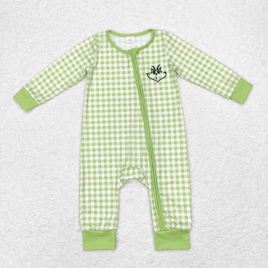 bamboo rts no moq LR1251 Grinch Modal smiley green plaid zipper long-sleeved jumpsuit