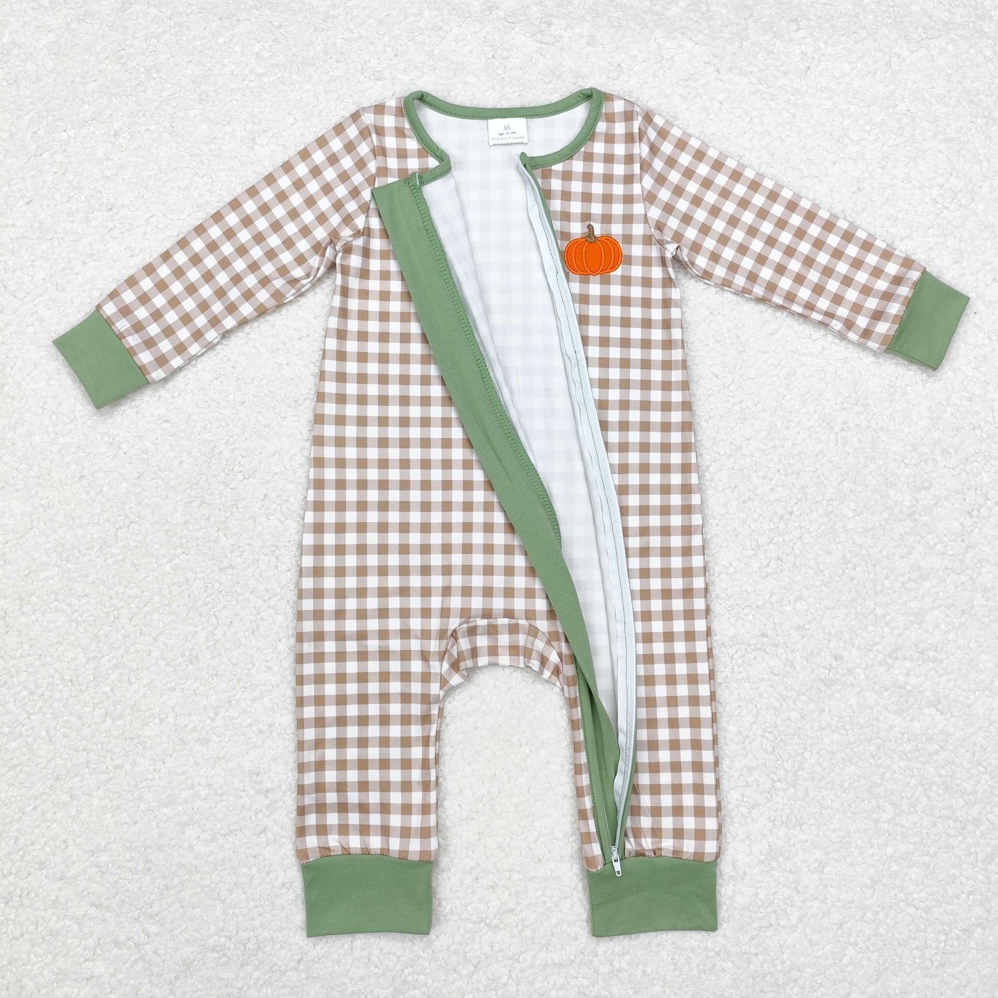 rts no moq LR1254 Embroidered Pumpkin Khaki Plaid Zipper Long Sleeve Bodysuit