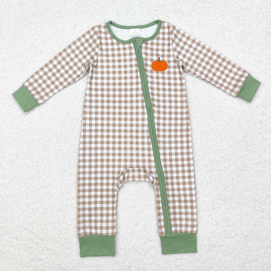 rts no moq LR1254 Embroidered Pumpkin Khaki Plaid Zipper Long Sleeve Bodysuit