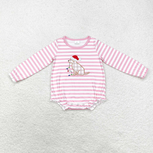 rts no moq LR1306 Embroidered Christmas hat puppy colored lights striped pink and white long-sleeved jumpsuit