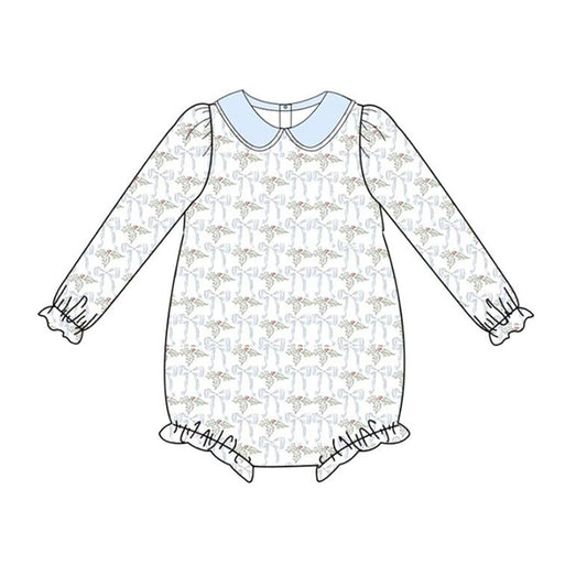 no moq sales LR1312 baby girls clothes bow light blue long Sleeve Romper-2024.7.18